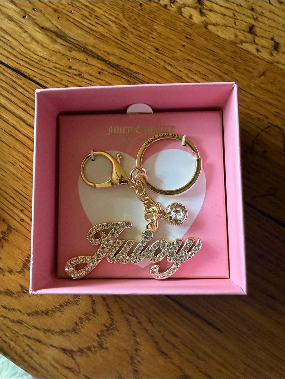 Juicy Couture Gold Crystal 'Juicy' Script Keychain with Pink Gift Box
